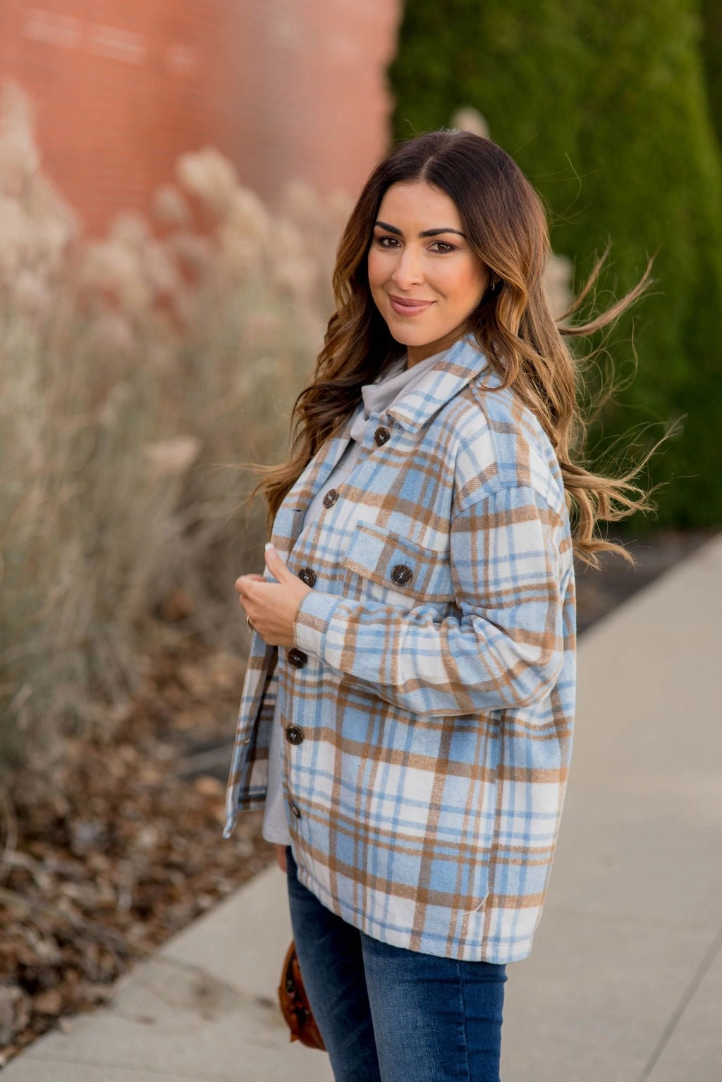 FullCoverageHood 360?? Visibility Winter Blues Plaid Shacket