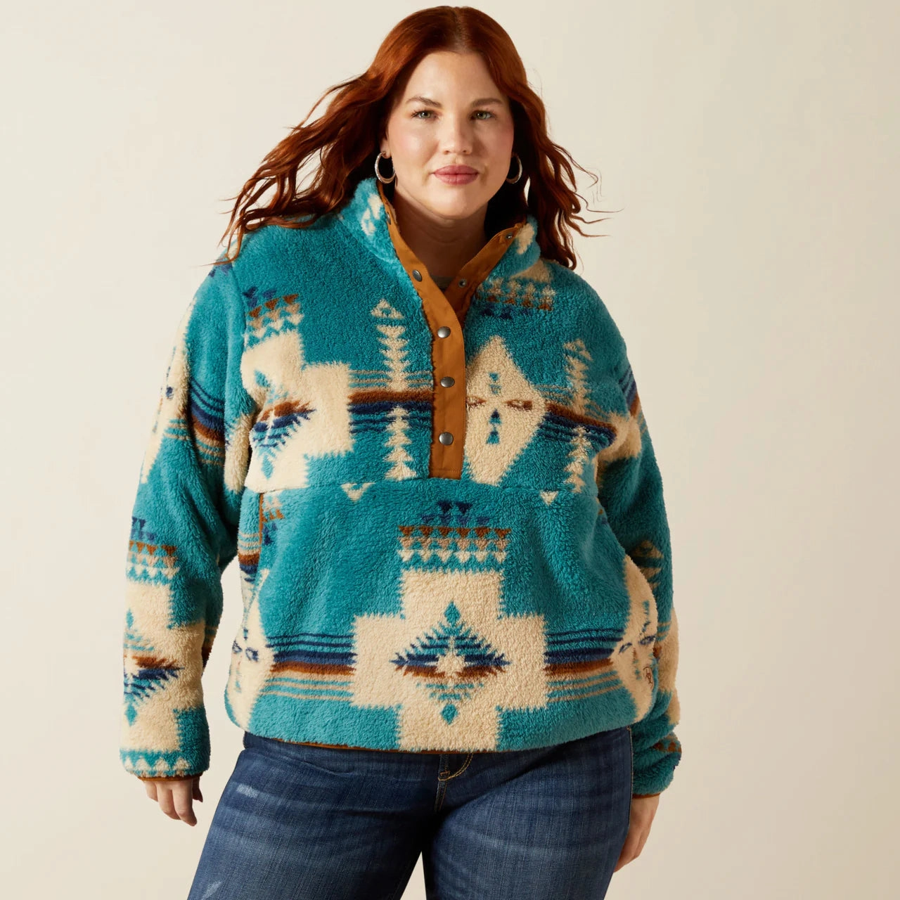 Ariat Women's Agave Turquoise Southwestern Print Berber 1/2 Snap Pullover Trend Fashion Plush Feel
