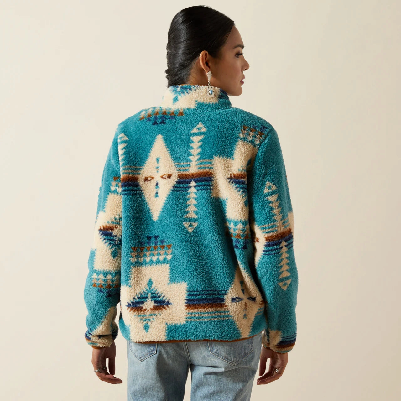 Ariat Women's Agave Turquoise Southwestern Print Berber 1/2 Snap Pullover College Campus Possum like