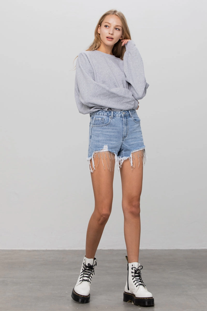 Rhinestone Denim Shorts Without Belt One-of-a-kind Preppy Style
