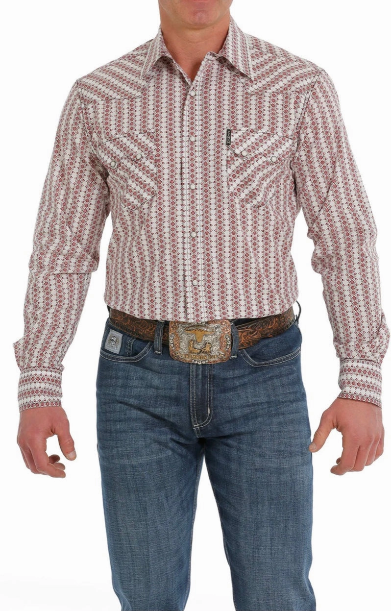 Seamless Shoulder Anti Cling Fabric Cinch Men??s Modern Fit Red & White Geo Print Shirt