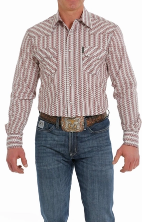 Seamless Shoulder Anti Cling Fabric Cinch Men??s Modern Fit Red & White Geo Print Shirt