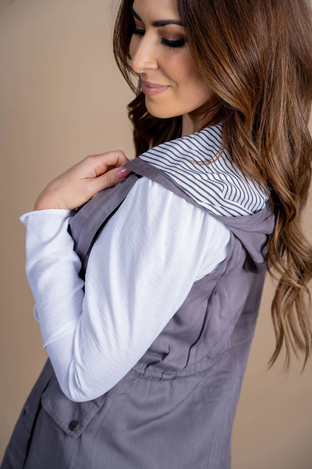 Stripe Lined Hooded Utility Vest Zippered Closures Cool Season