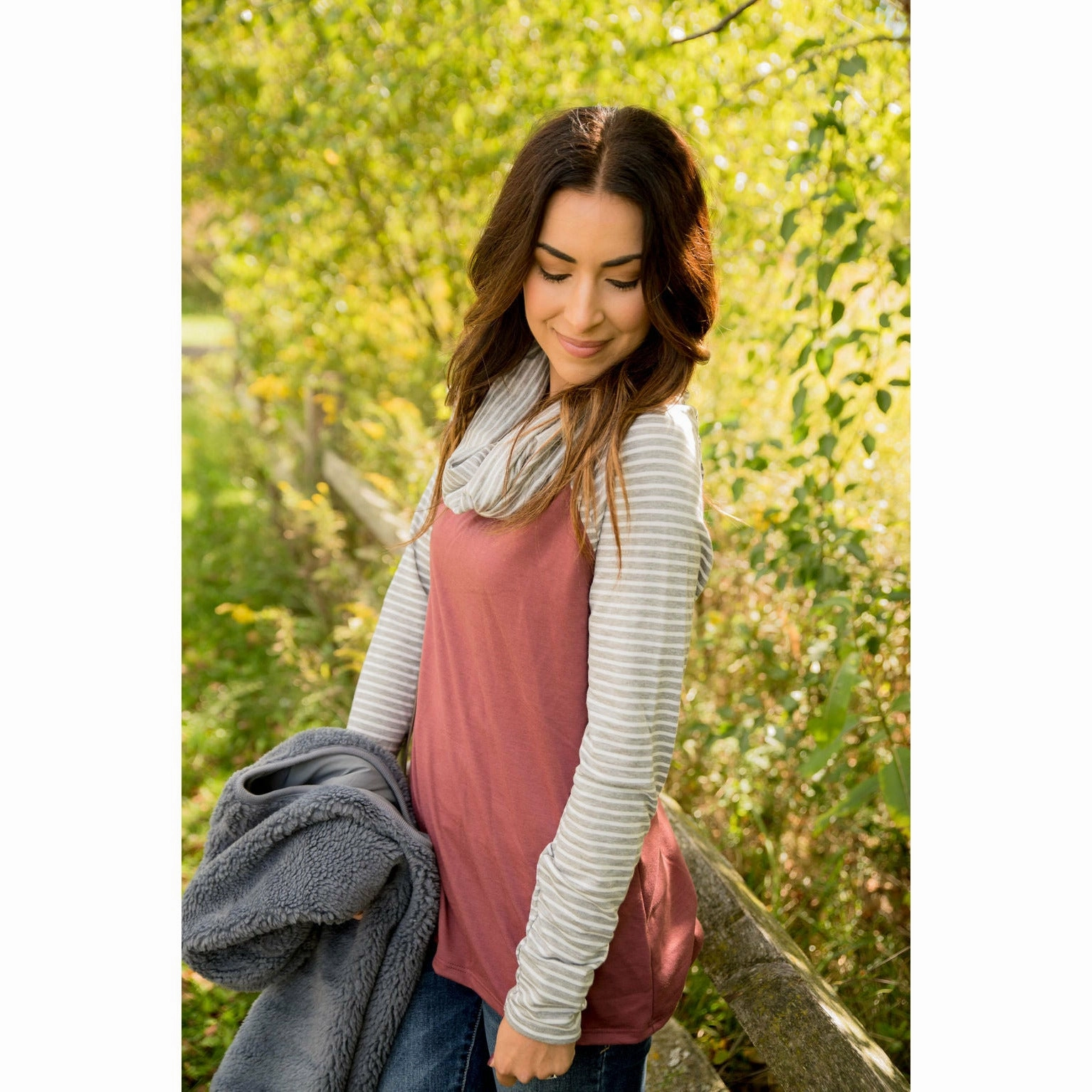 uncollared Casual Outerwear Mauve Body Striped Sleeve Cowl Neck