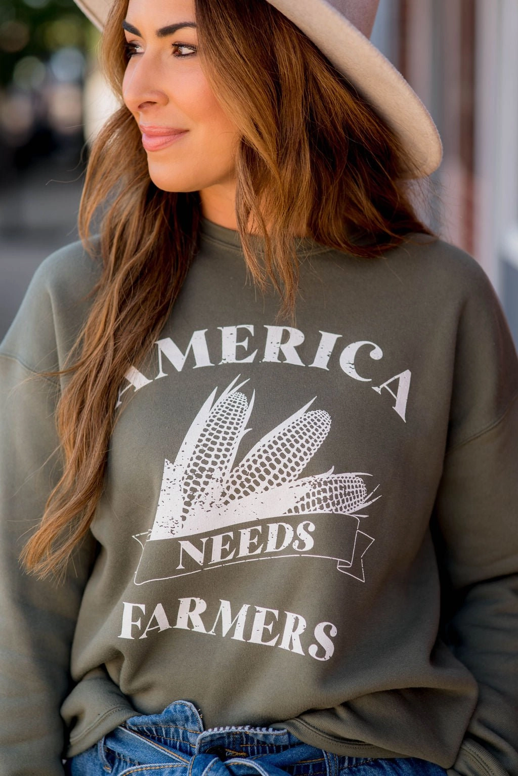 America Needs Farmers Graphic Crewneck Date night product rhinestone glamour