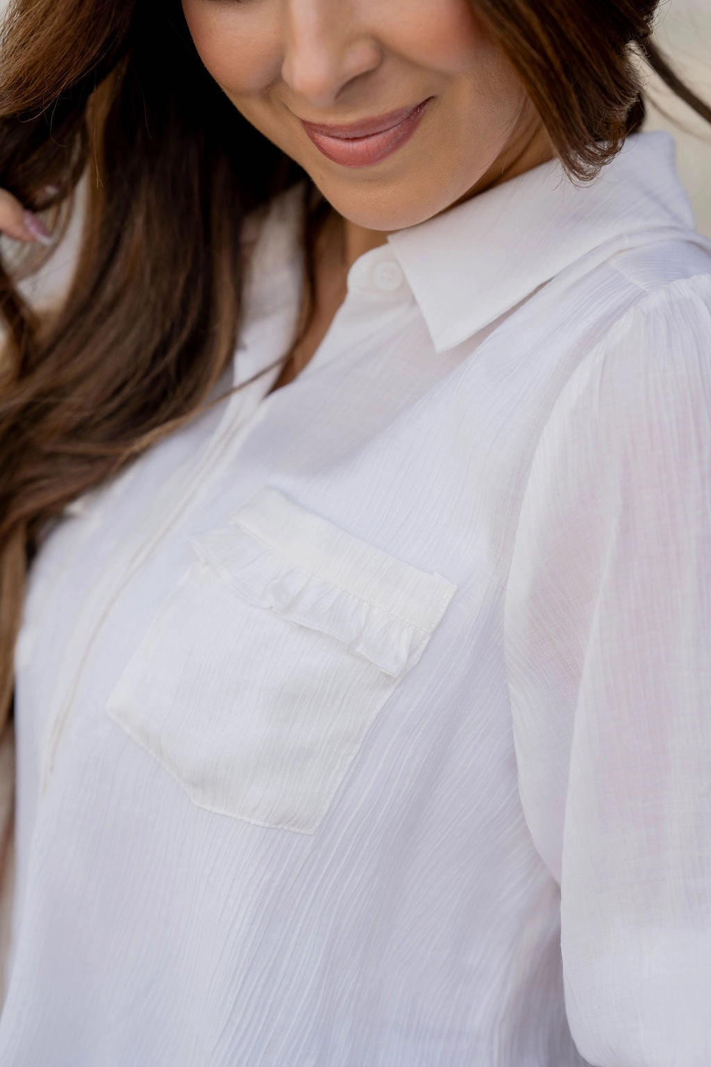 Subtle Textured Half Sleeve Button Up Blouse Contoured Side Panels Minimalist Detailing