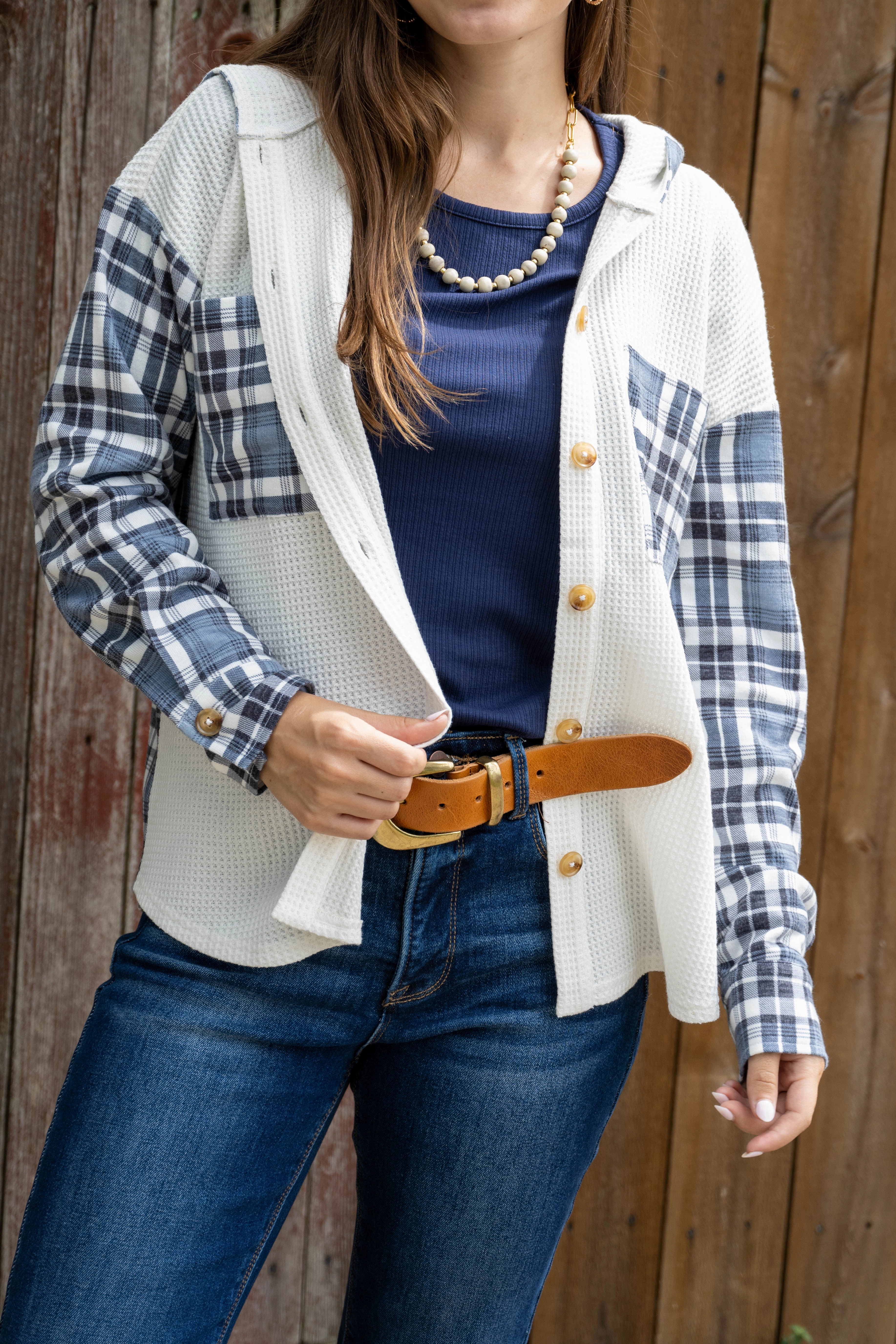 Tactical Wear Ventilated Back Panel Plaid Accented Waffled Shacket