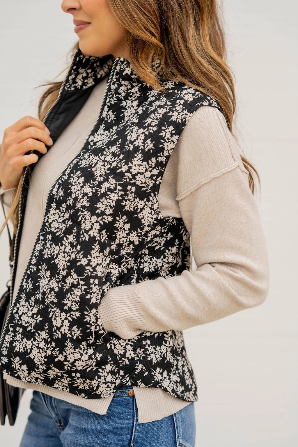 Houndstooth Print Antique Floral Puffer Vest