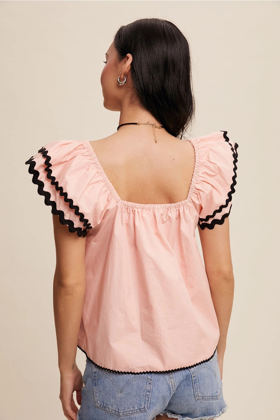 High Neckline WrinkleResistantWeave Flutter Ruffle Top with Contrast Stitch-Peach Blush