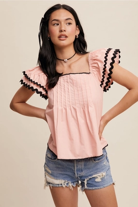 Flutter Ruffle Top with Contrast Stitch-Peach Blush AntiOdorTechnology Anti Static Cloth Blend