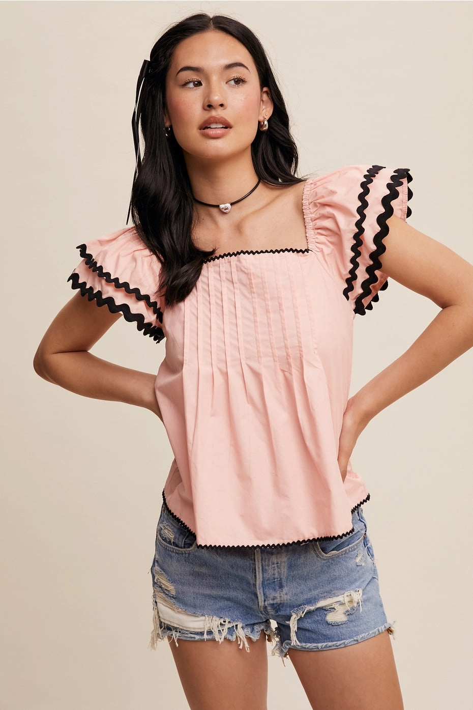 Flutter Ruffle Top with Contrast Stitch-Peach Blush AntiOdorTechnology Anti Static Cloth Blend