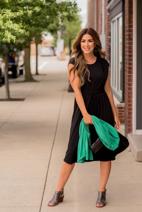 Dew Glow Bold Mood Cap Sleeve Side Slit Tie Midi Dress