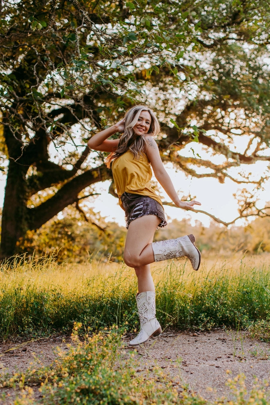 Backless in Beaumont Top-Mustard Evening Look