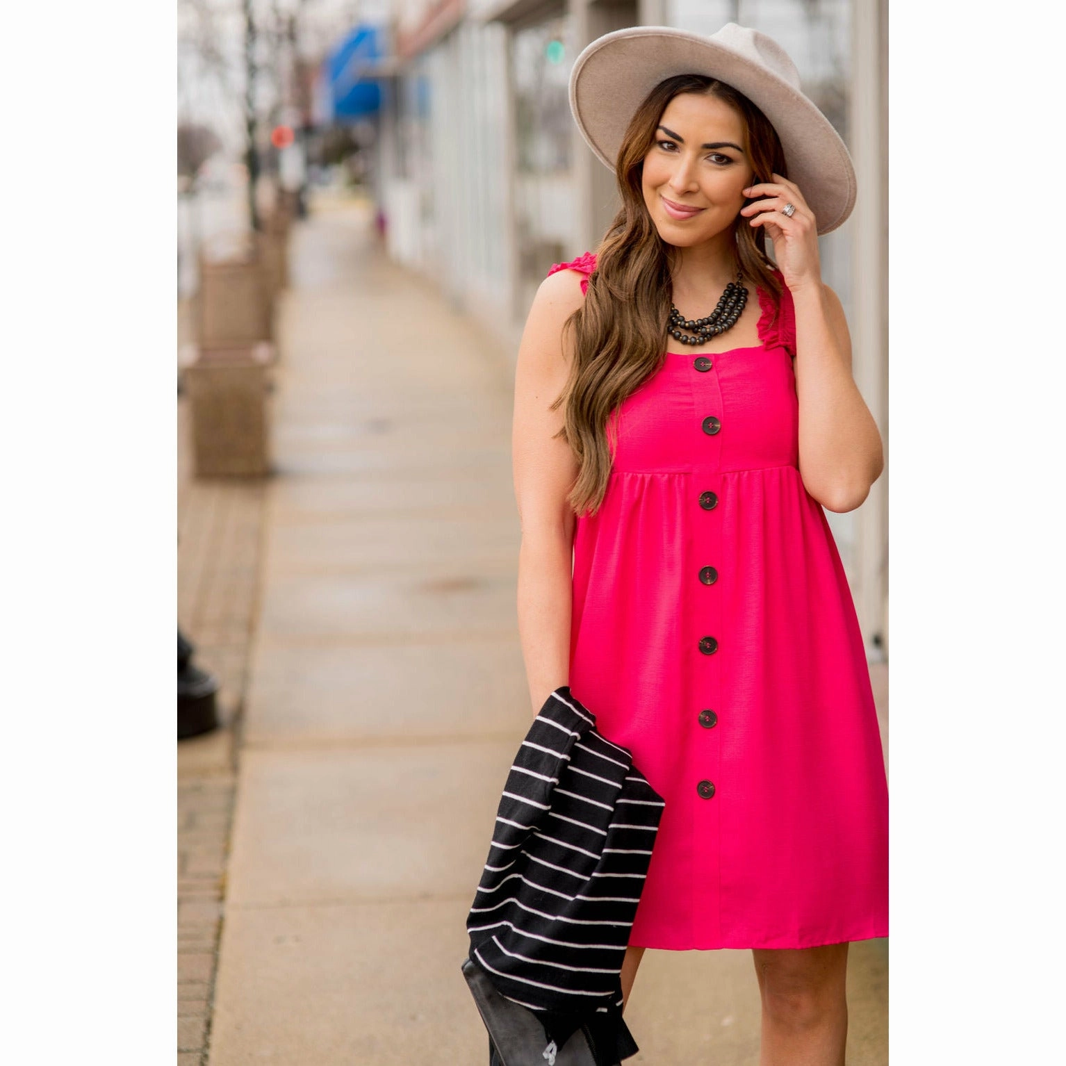 Contemporary Layer Effortless Layering Button Ruffle Strap Dress