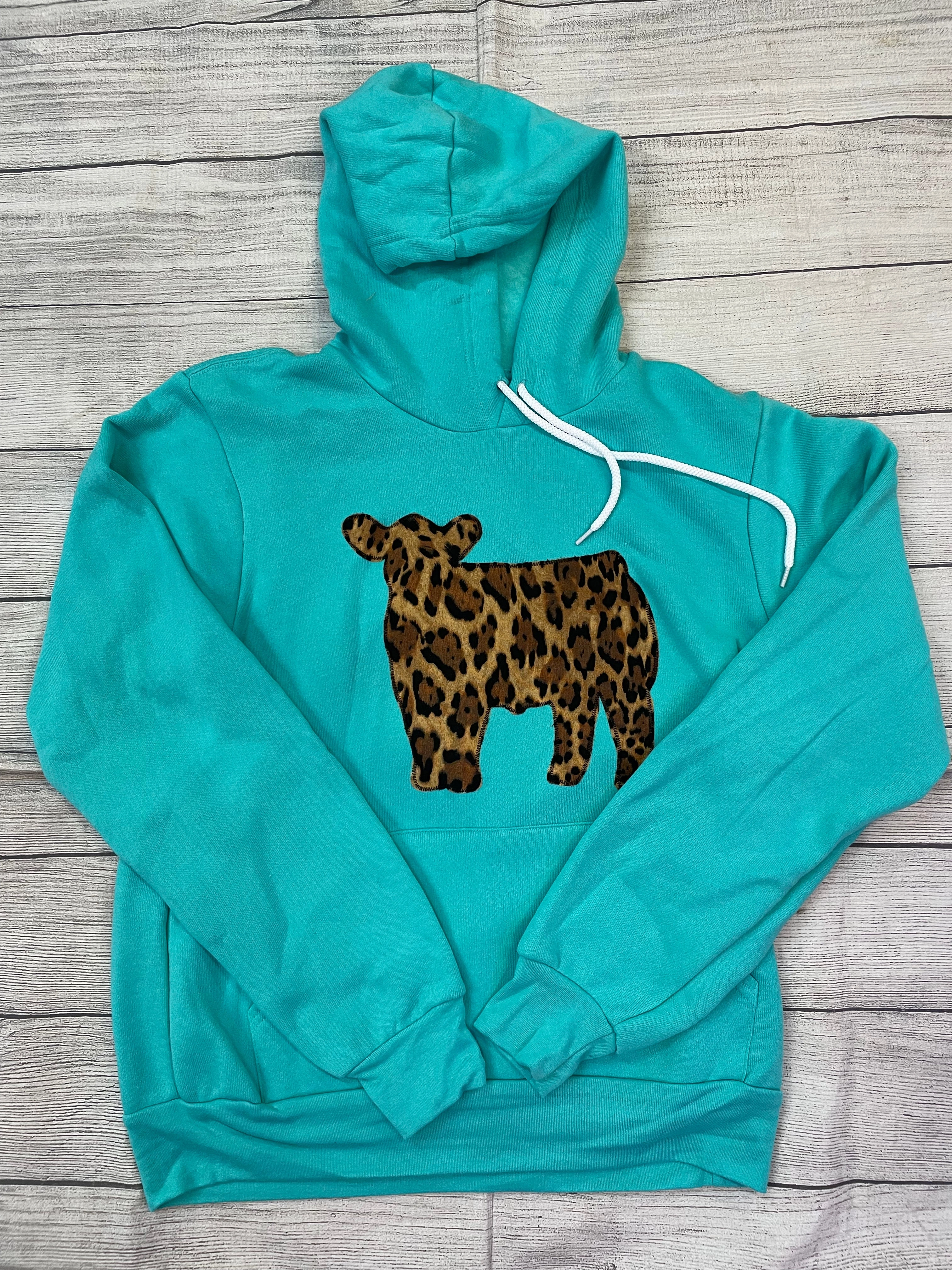 Big Cat Steer Appliqu?? Teal Hoodie Minimal Design Autumn Staple