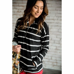 Black Striped Quarter Zip Sweatshirt Comfy Layer Trendy Comfort
