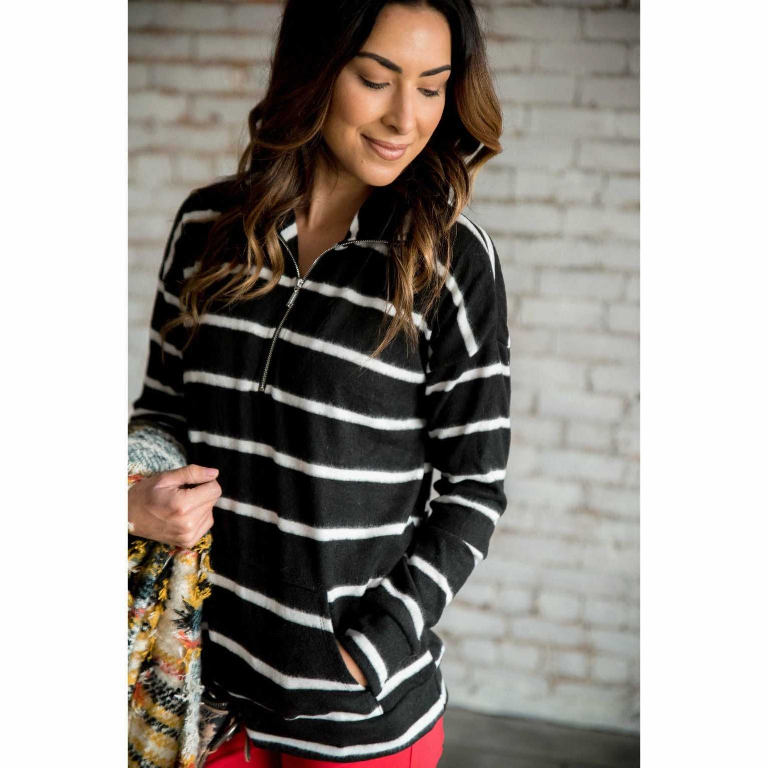 Black Striped Quarter Zip Sweatshirt Comfy Layer Trendy Comfort