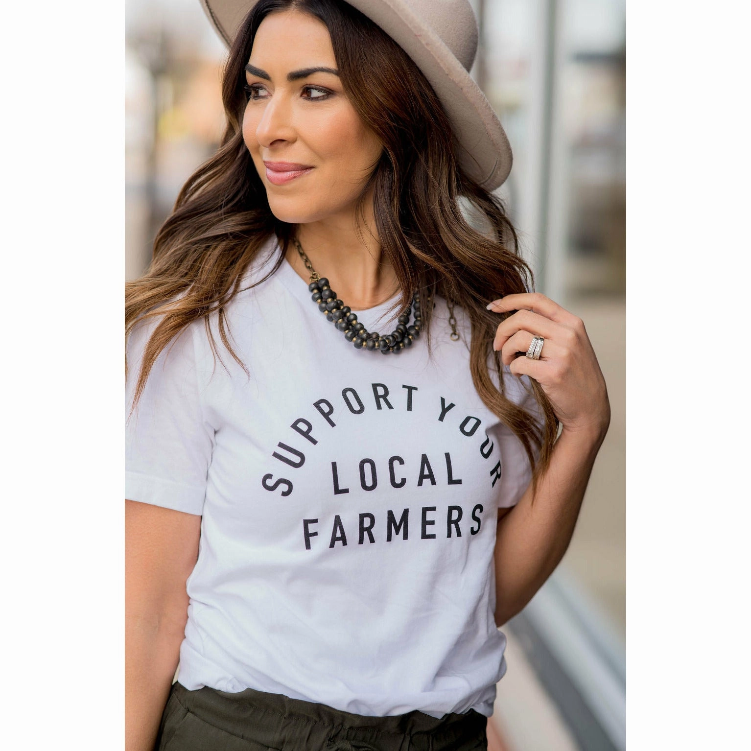 Versatile Layering Piece Block Letter Support Your Local Farmers Graphic Tee