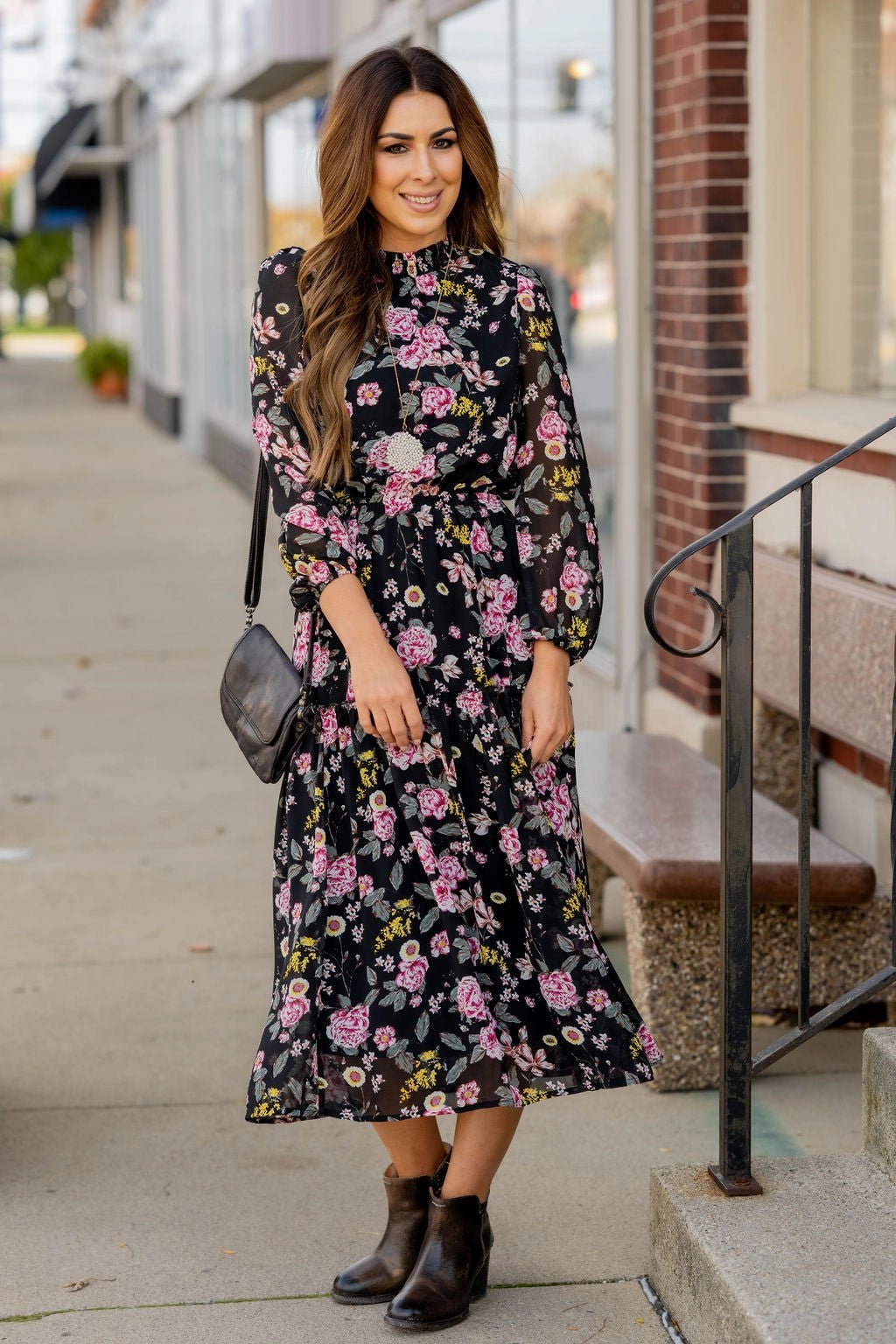 Blossoming Buds Long Sleeve Midi Dress Smooth-Finish Fresh Color