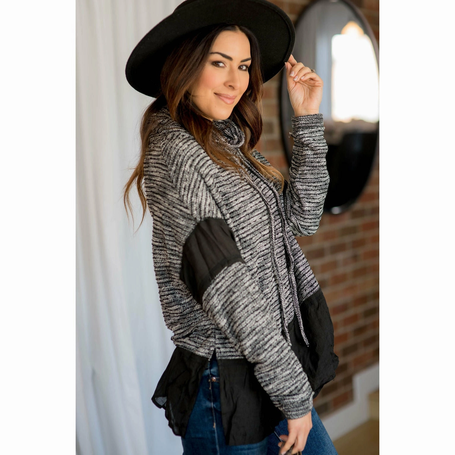 Blouse Accent Textured Cowl Neck Sweatshirt - Grey Core Comfort Beach Style