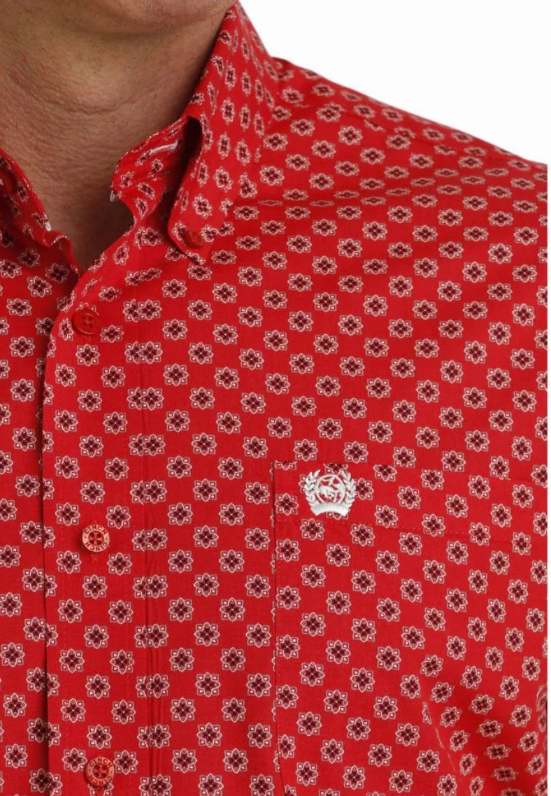 Multi Pocket Design Twill Weave Cinch Men??s Red Print Shirt