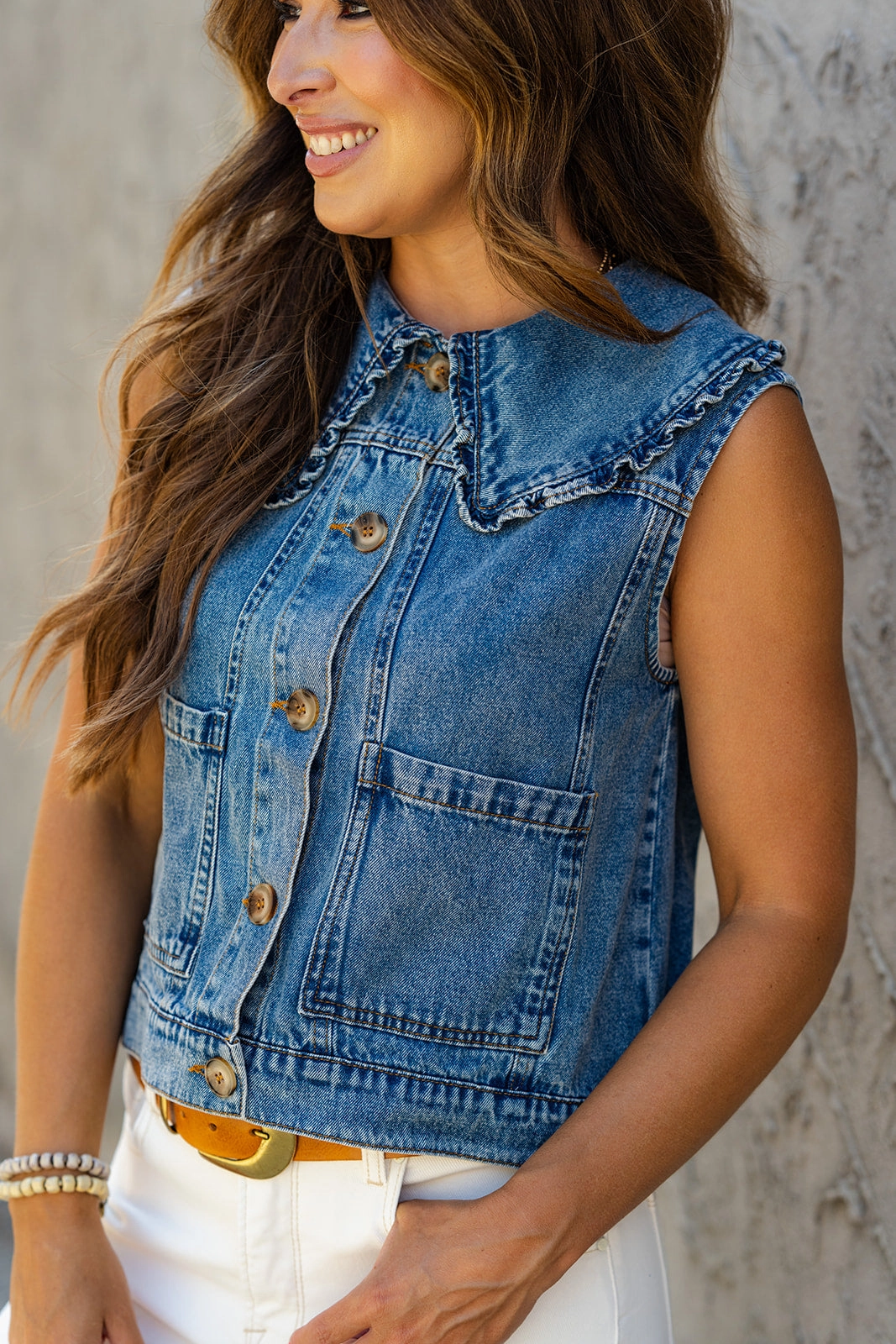 EasyClean Coating Acid Washed Ruffle Trim Denim Vest