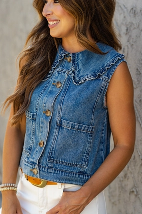 Acid Washed Ruffle Trim Denim Vest Light Day Jacket CompressionResistant