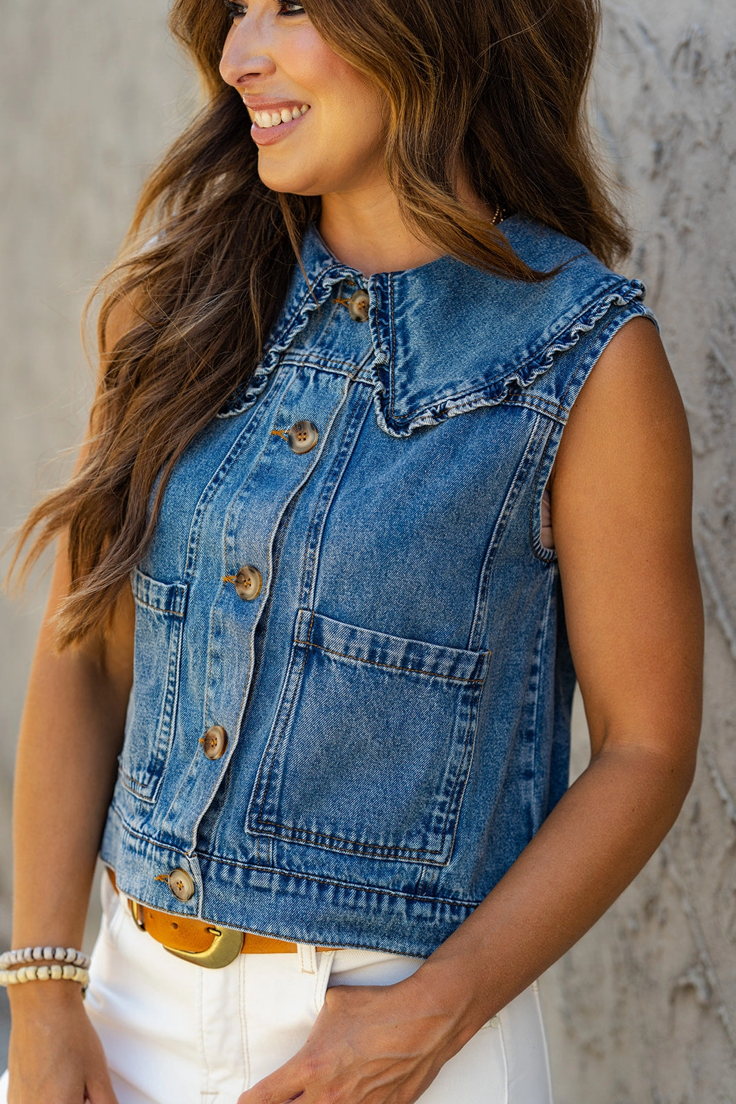 Acid Washed Ruffle Trim Denim Vest Light Day Jacket CompressionResistant