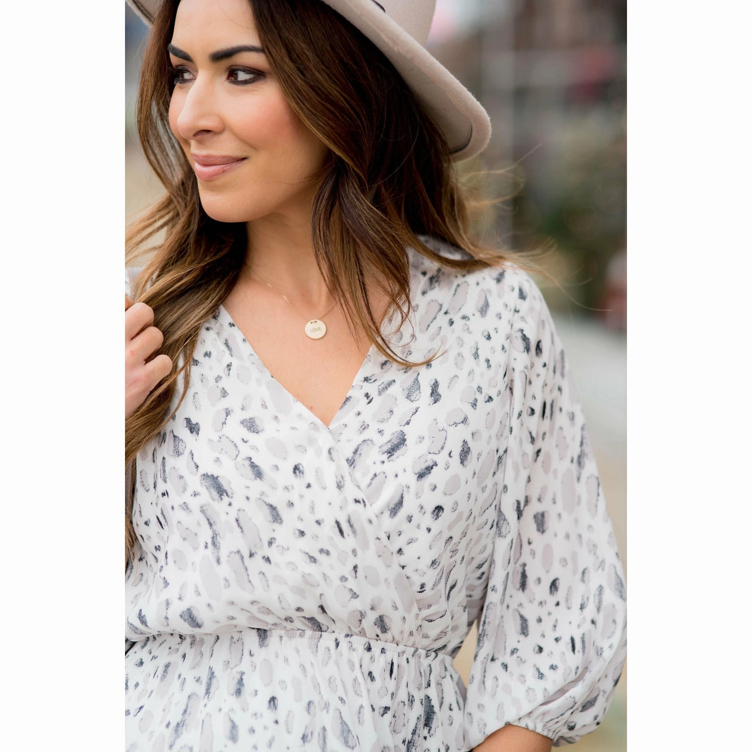 Comfort Cushion Neckline Watercolored Marble Wrapped 3/4 Blouse