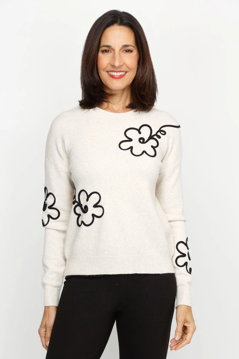Simple Look Metric Embroidered Flower Sweater