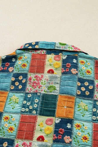 Breathable fabric Layered Sleeve Sky Blue Floral Collared V Neck Roll up Sleeve Shift Blouse