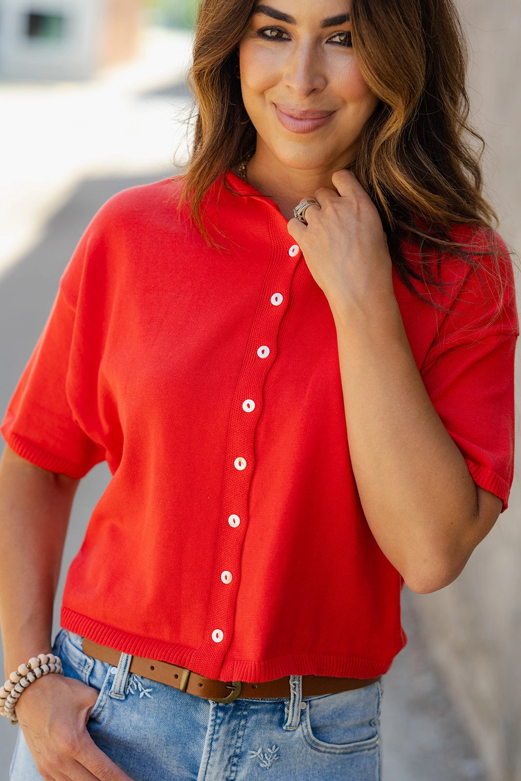 Button Front Half Sleeve Knit Tee Layered Neckline