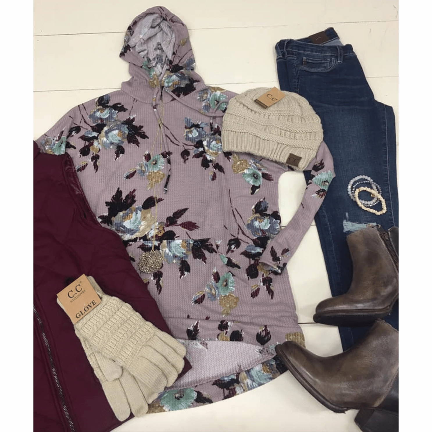 Fleece Lining Floral Thermal Hoodie