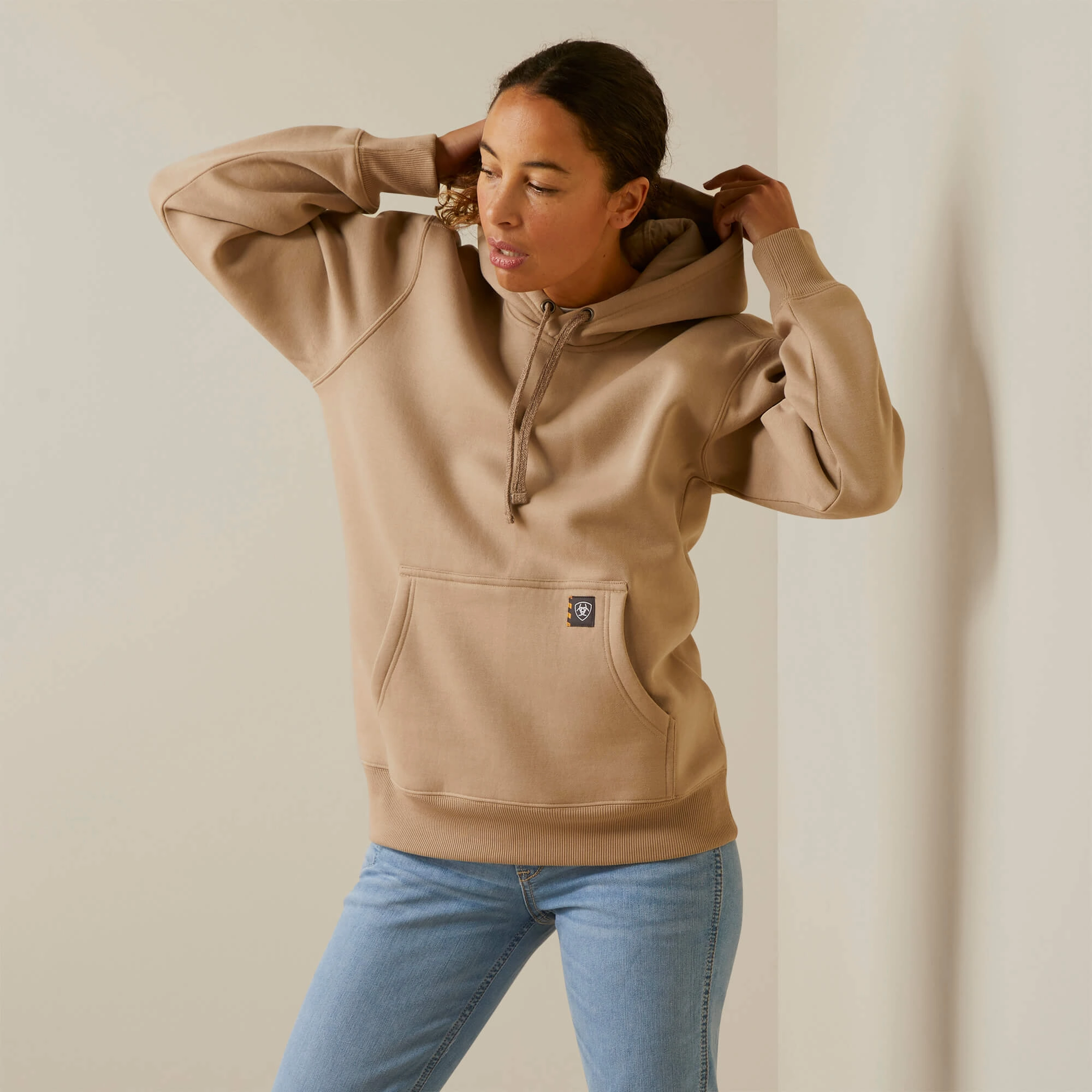 rhinestone accents 3D Sculpted Hood Ariat Women??s Rebar Graphic Hoodie- String Alloy