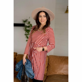 Love Glow Simple Ease Mixed Striped Long Sleeve Pocket Dress - Rust