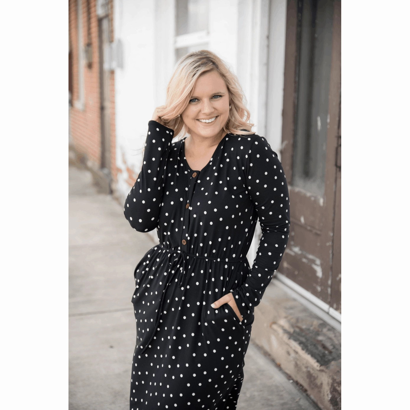 Event Glow Texture Style Polka Dot Button Midi Dress