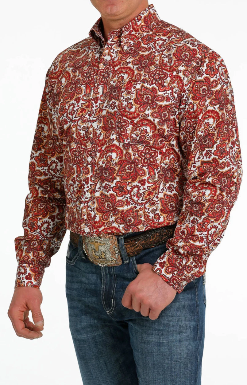 Premium Finish Moisture Management Tech Cinch Men??s White & Red Paisley Print Shirt