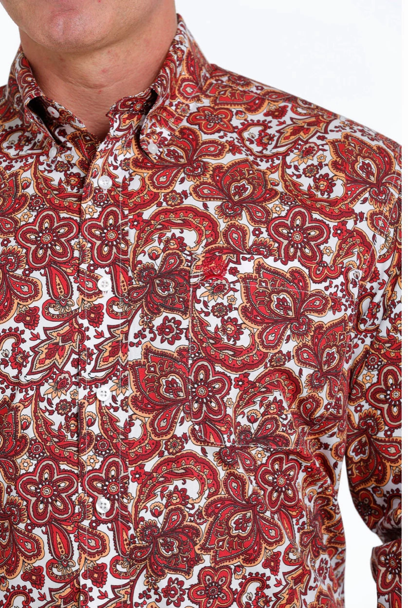 Functional Pocket Cinch Men??s White & Red Paisley Print Shirt