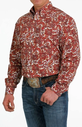 Premium Finish Moisture Management Tech Cinch Men??s White & Red Paisley Print Shirt