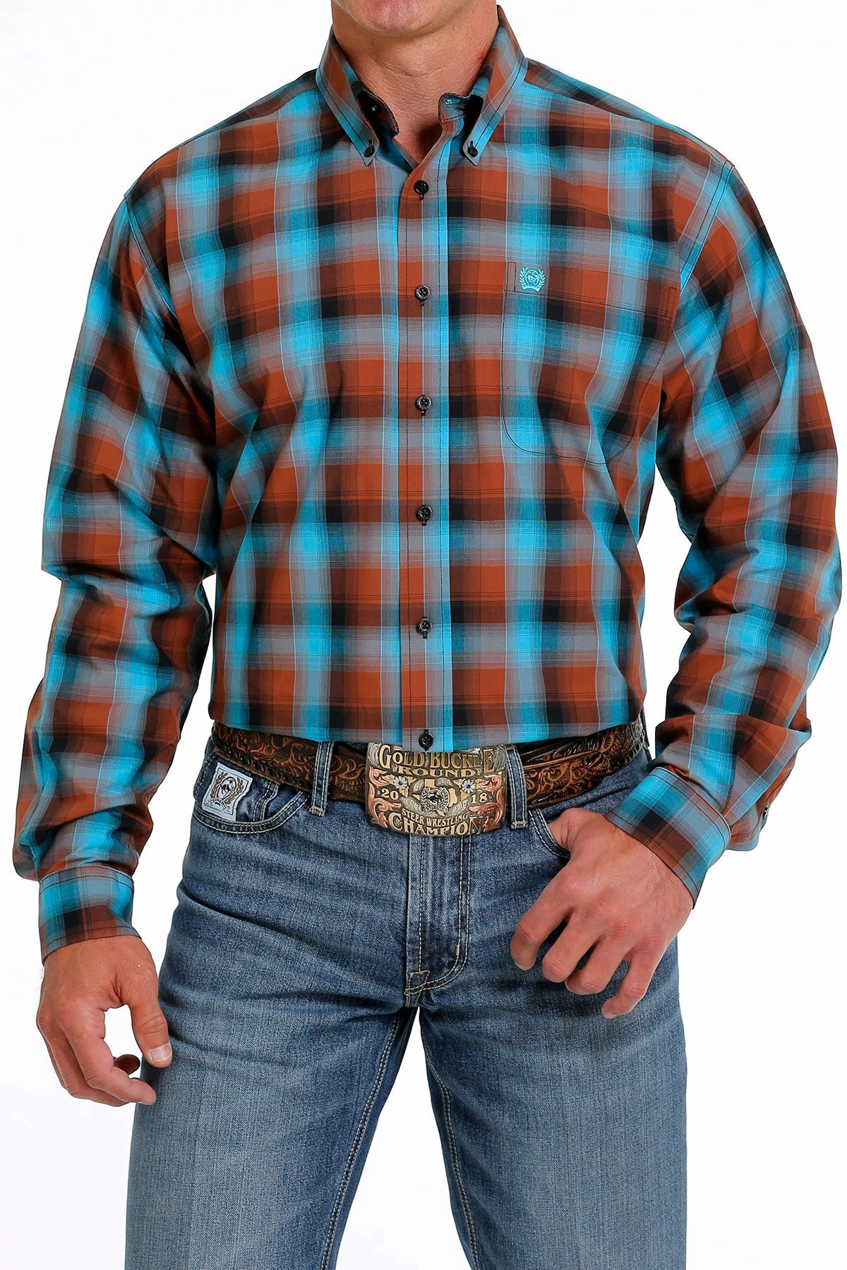 Cinch Men??s Blue & Brown Plaid Shirt Moisture Management Tech