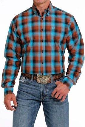 Cinch Men??s Blue & Brown Plaid Shirt Moisture Management Tech