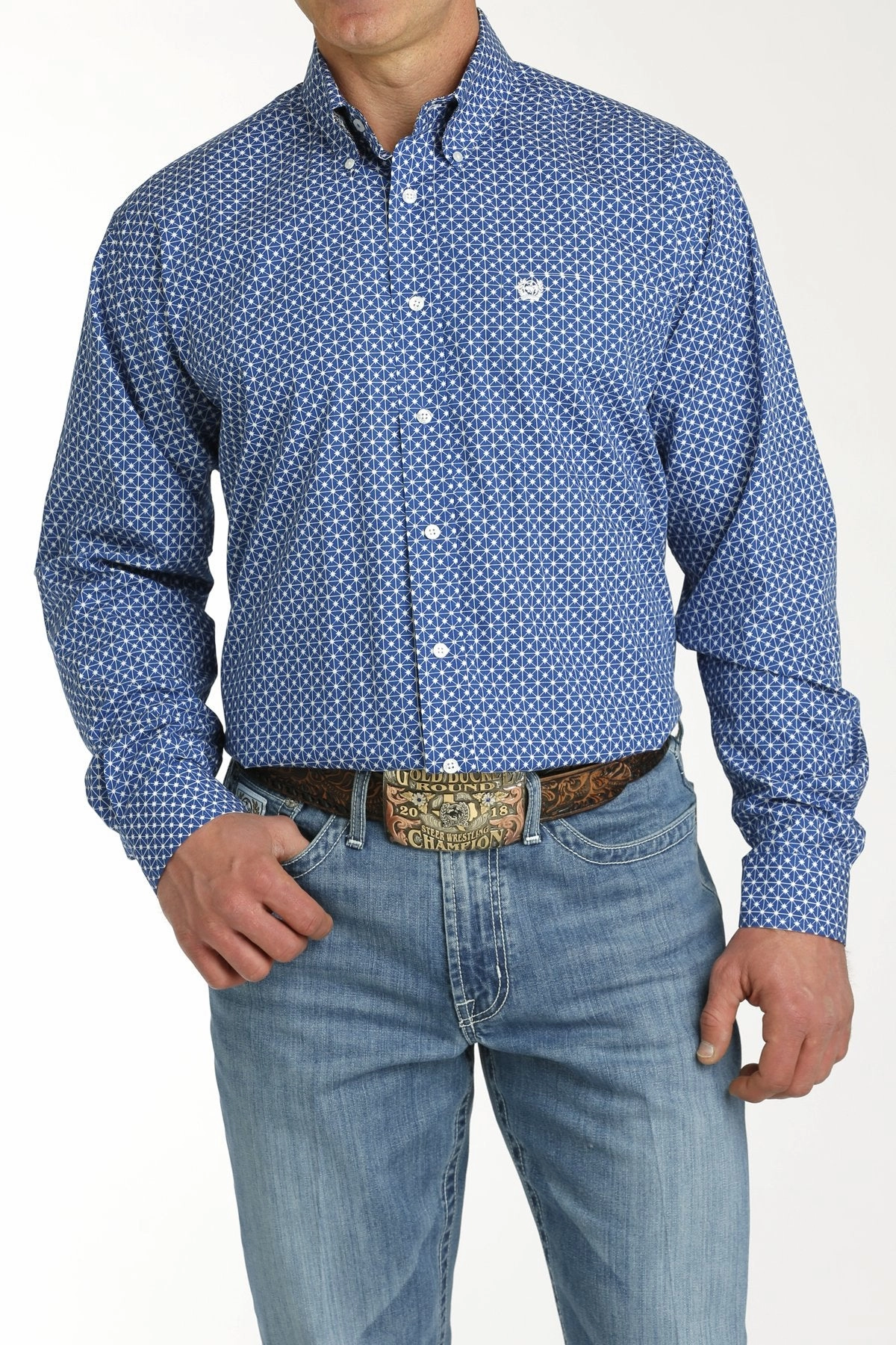 Cinch Men's Blue Star Print Shirt Ergonomic Back Panel Chic Ensemble