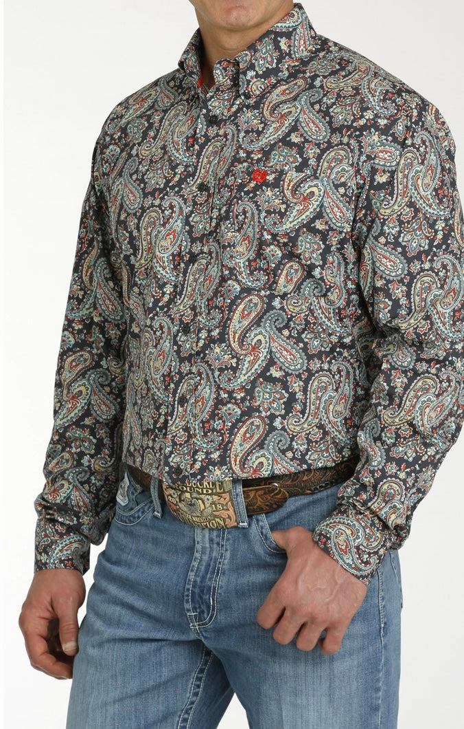 Cinch Men's Charcoal & Turquoise Paisley Shirt Checkered Print Timeless Style