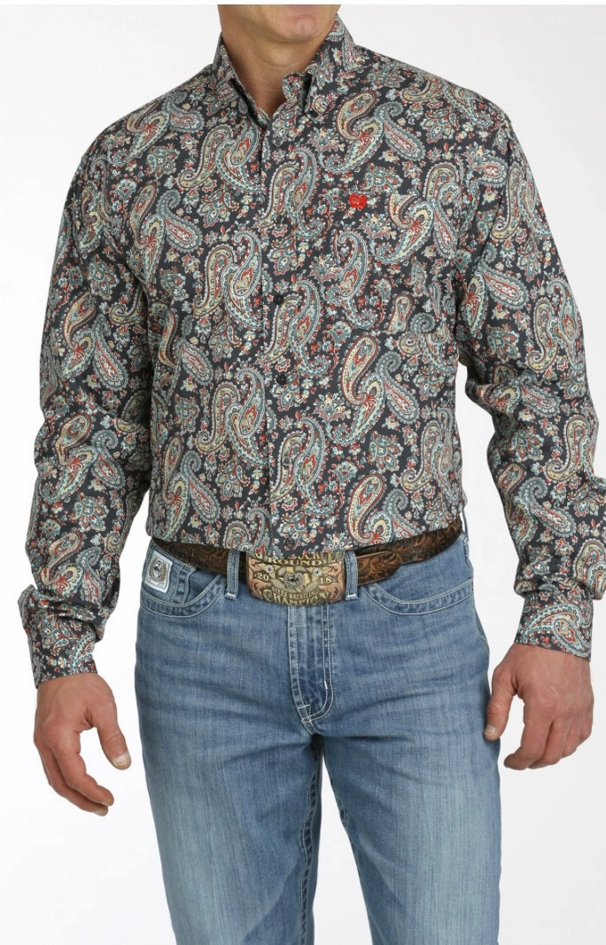 Hypoallergenic Lining Adjustable Hem Cinch Men's Charcoal & Turquoise Paisley Shirt