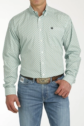 Static Dissipating Fiber Exclusive Collection Cinch Men's Cream & Turquoise Geo Print Shirt