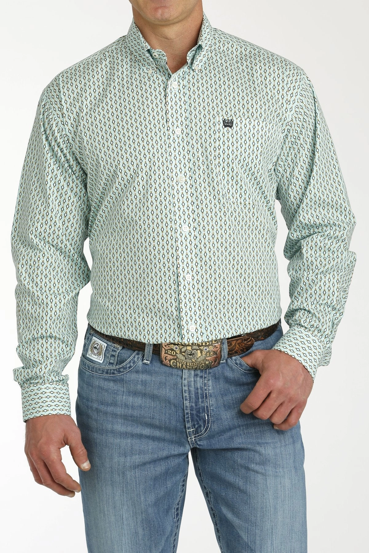 Cinch Men's Cream & Turquoise Geo Print Shirt Comfy Wear Non-Iron