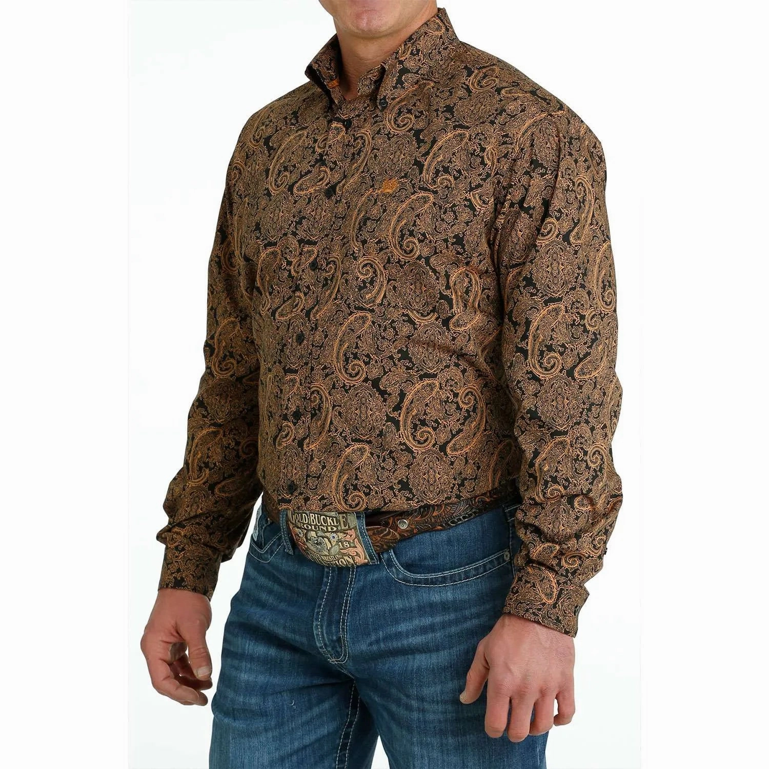 Low Profile Pocket Design Cinch Men's  Gold & Black Paisley Shirt