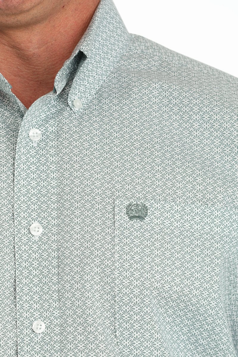 Anti Pilling Surface wrinkle free Cinch Men's Green & White Medallion Print Shirt