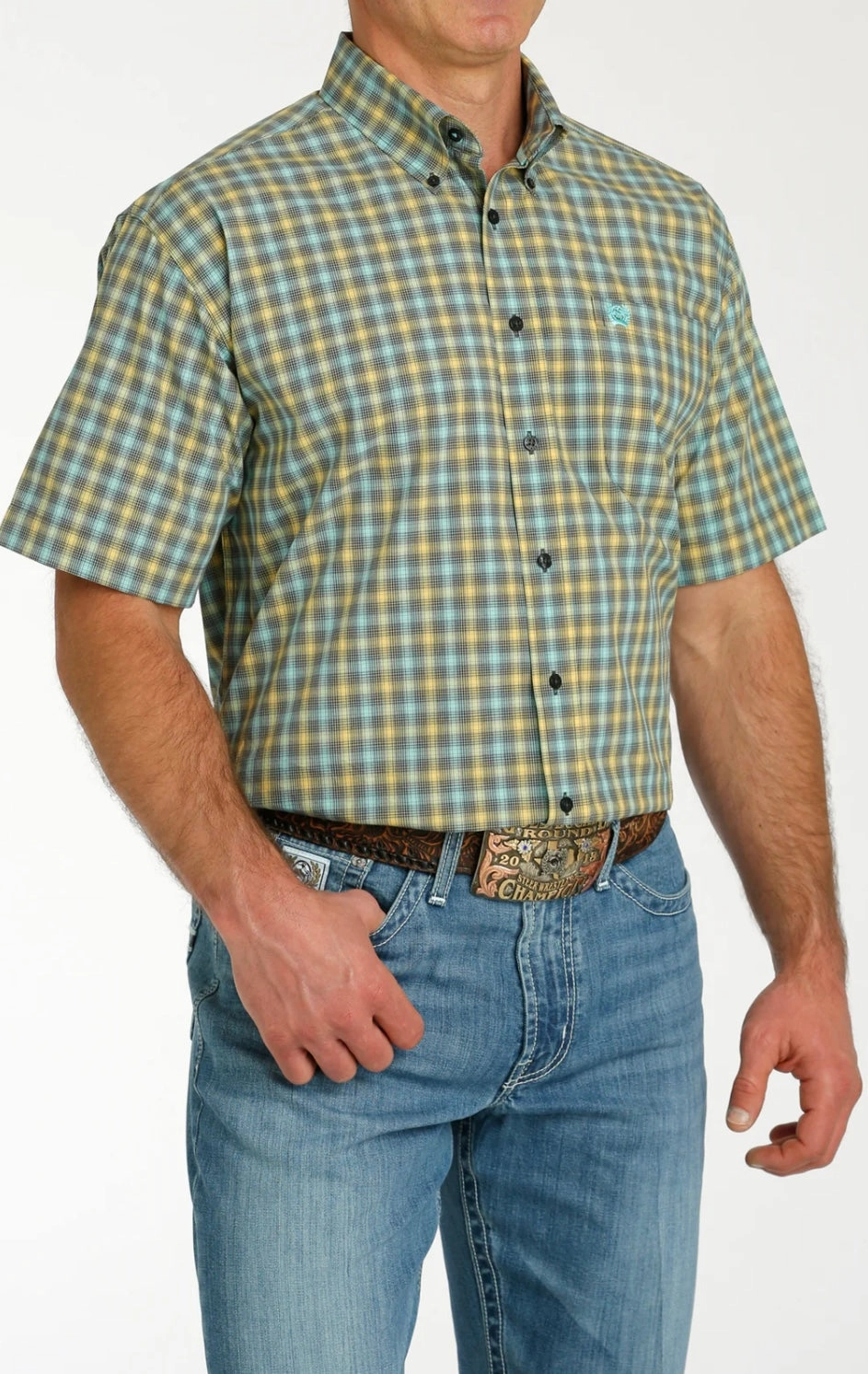 Cinch Men??s Green/Yellow/Blue Plaid Shirt Abstract print Lightweight Material