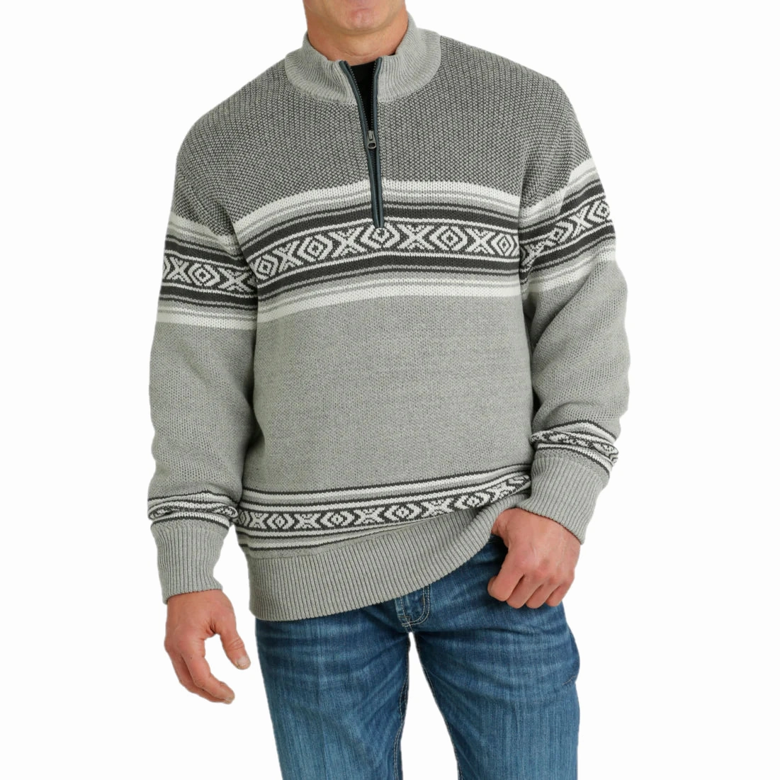 Polo Style Cinch Men's Grey Aztec Print Quarter Zip Knit Pullover